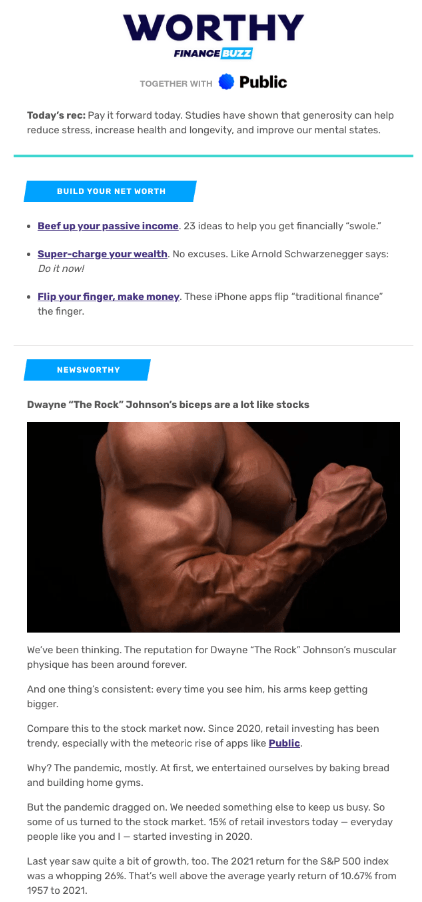 Image: screenshot of the Worthy newsletter