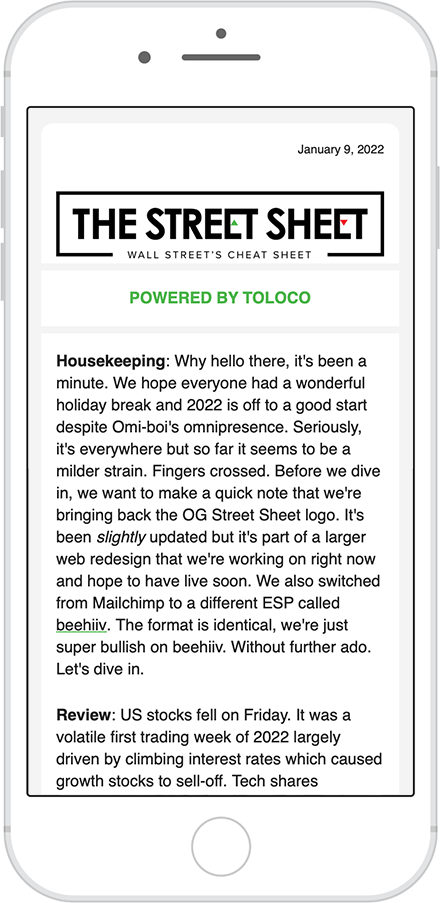 Image: screenshot of The Street Sheet investment newsletter